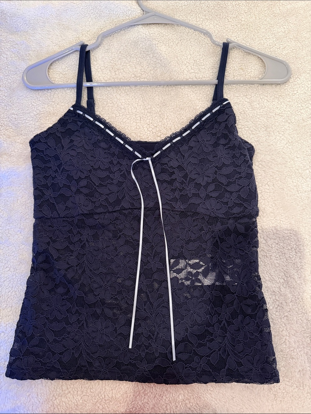 Lace Camisole Tank Top in Navy with Bow Trim